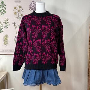 Vintage 80s 90s Pink Metallic Floral Knit Pullover Sweater Retro Kidcore M L